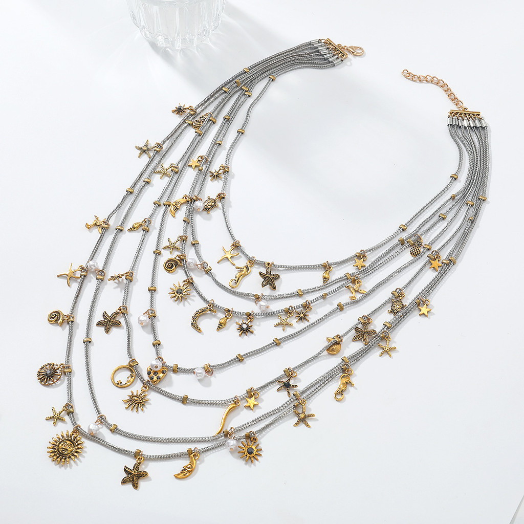 ZAA Exaggerated Conch Sea Star Moon Pentagram Multi Layer Necklace