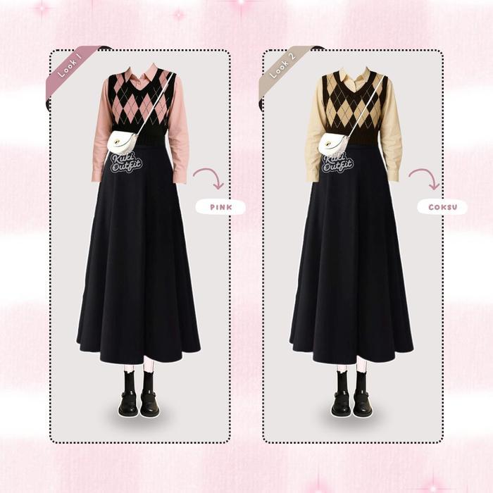 Terbaru - Marsha Setelan Remaja Korean Style (Kemeja, Vest Rajut, Rok) OOTD One set Kekinian