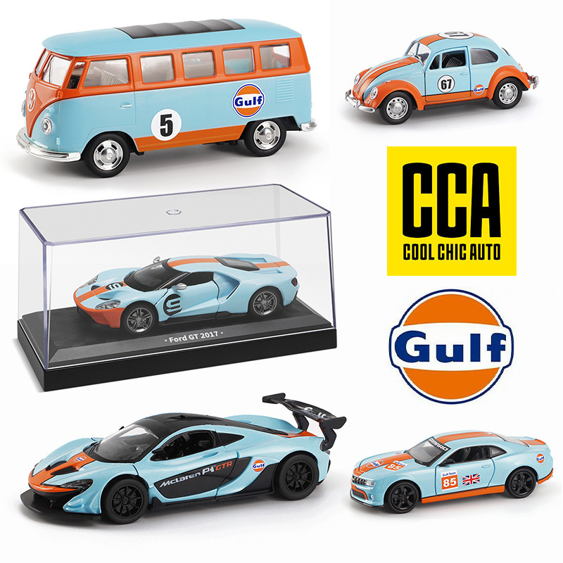 Cca 1:43 Mclaren Beetle Ford Gt Volkswagen Bus Gulf Oil Co Branded Car Model Acrylic Box Metal Alloy