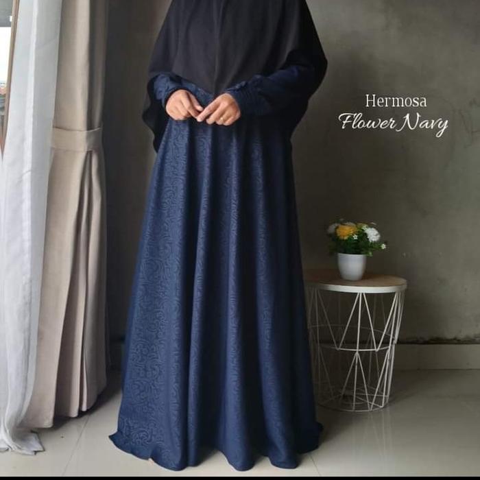 [Gamis Hermosa Embos] Gamis Embos Hermosa Motif Flower Warna Navy-Gamis Syari Navy Embos-Gamis Biru