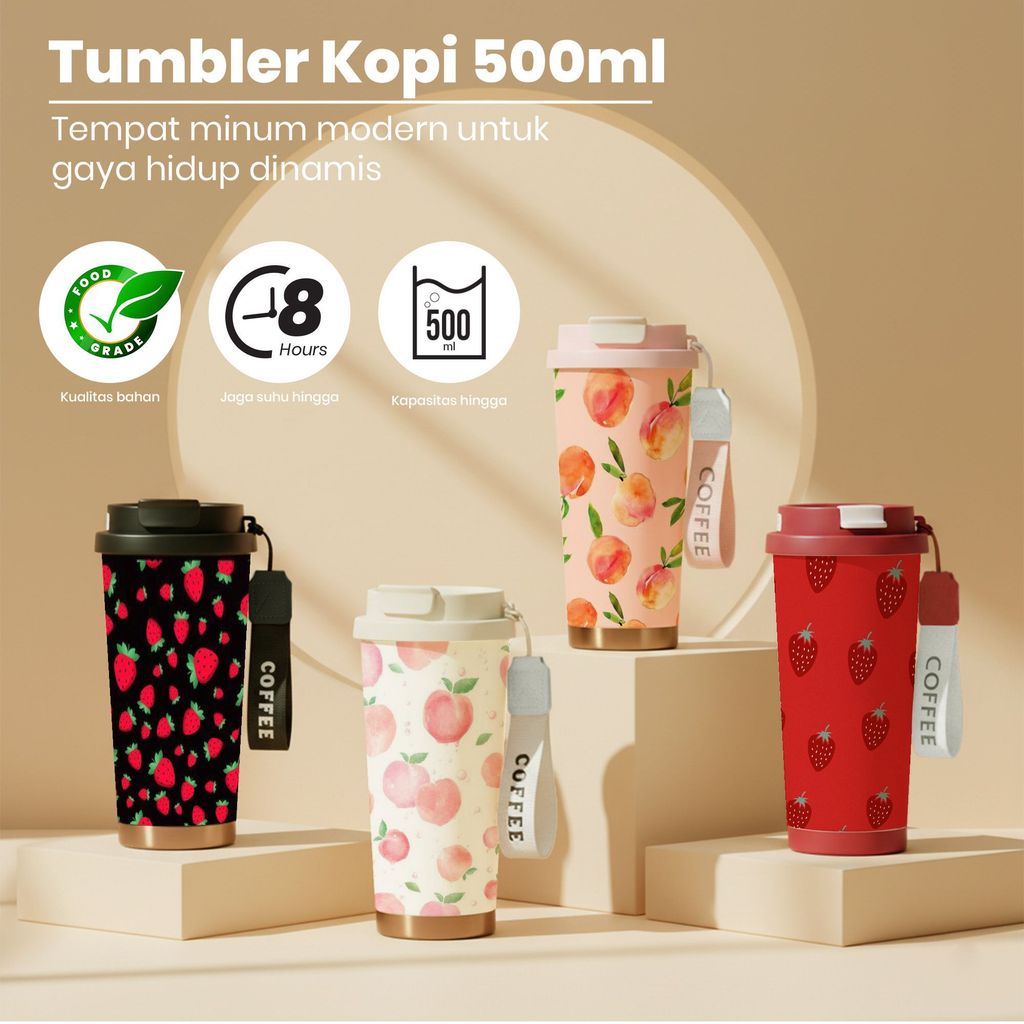Tumbler Kopi 500ml Stainless Steel 316 Food Grade Tempat Minum Modern Kualitas Bahan Jaga Suhu 8 Jam