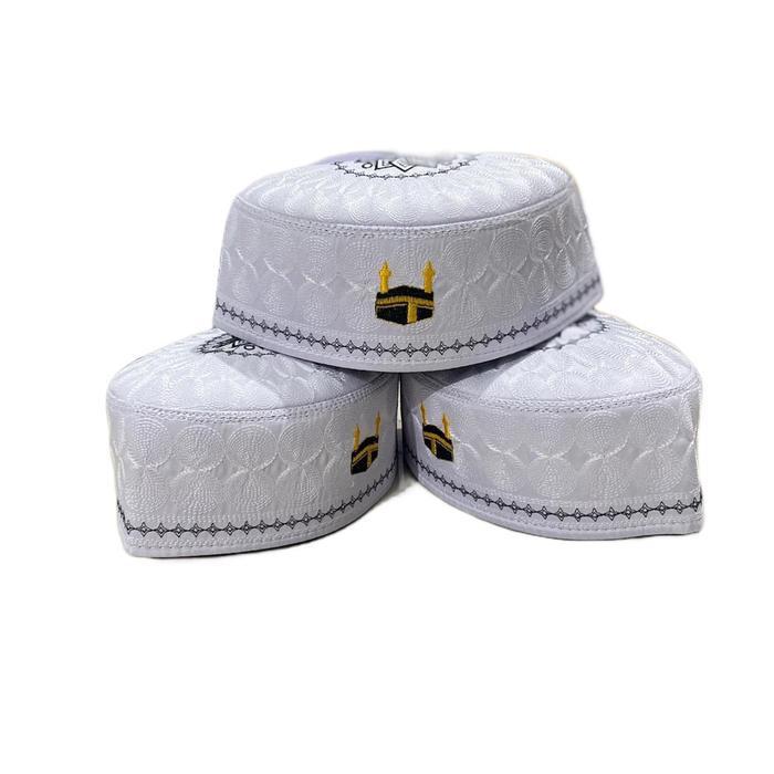 Peci Kopyah Haji Malaysia Logo Kabah / Peci Kopiah Putih Malaysia Bordir Kabah Motif Nyaman / Kopyah