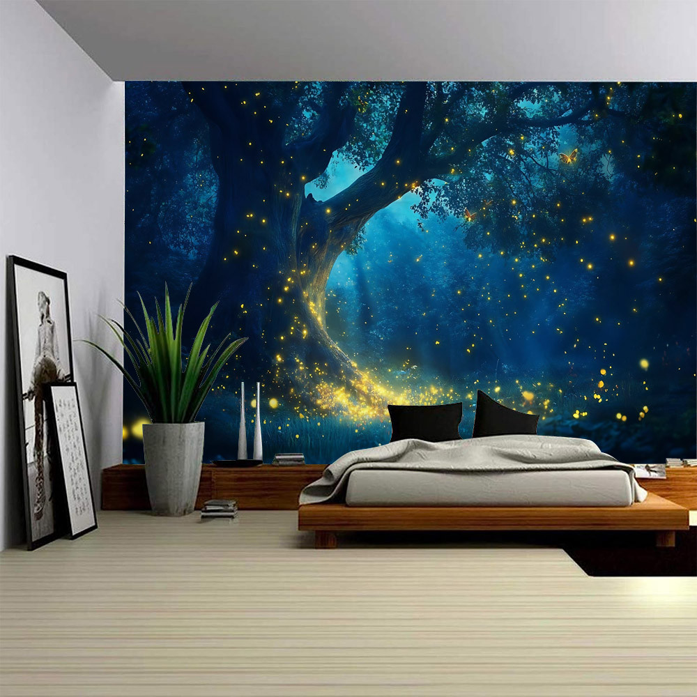 Forest Firefly Tapestry Dreamy Landscape Polyester Wall Hanging Fabric Aesthetic Home Decoration