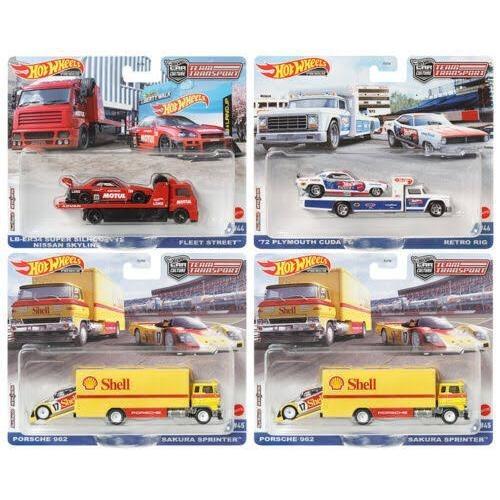 FLF56-956R - HOT WHEELS TEAM TRANSPORT 2022 1/64 SET of 4 PORSCHE NISSAN ER34 LBWK PLYMOUTH