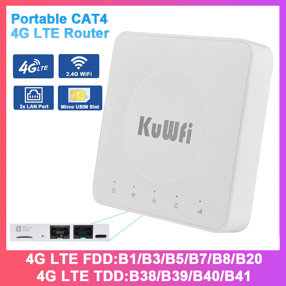 Kuwfi Cat4 4G Em Router 300M 2.4G Wi-Fi6 Router Portable 4G Lte Router Built-In Antennas Type-C