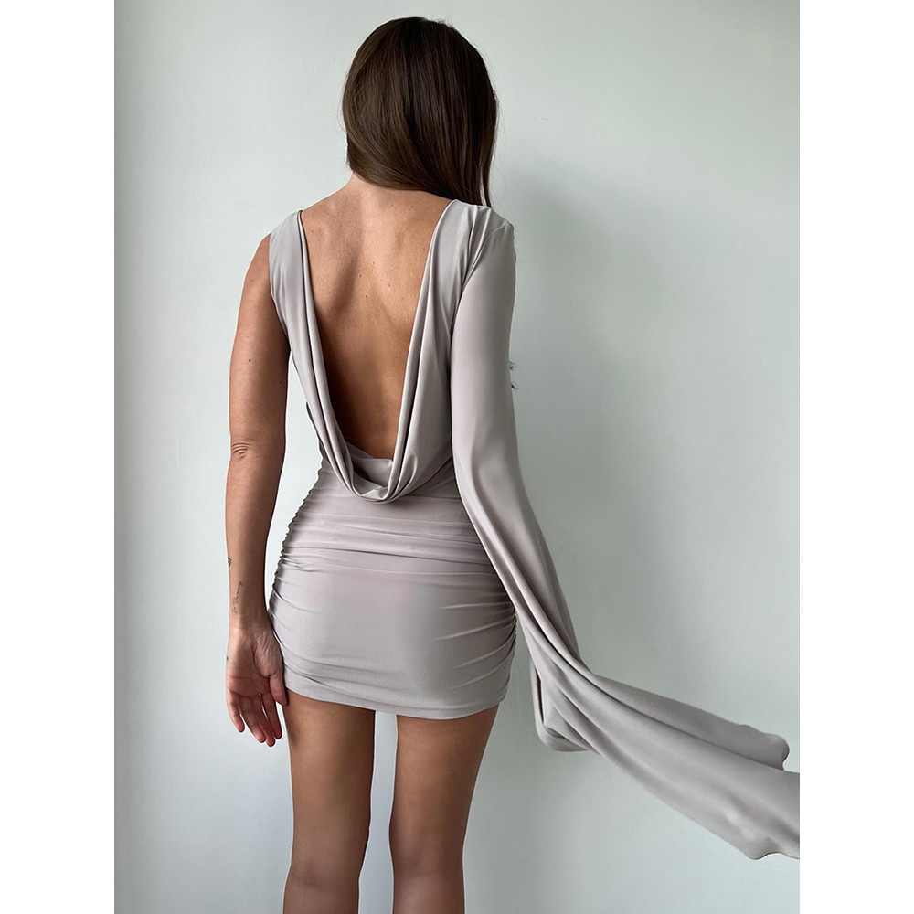 Nibber Fashion Sexy Backless Mini Dress Woman o-Neck One Shoulder Splits Sleeve Design Skinny Peach