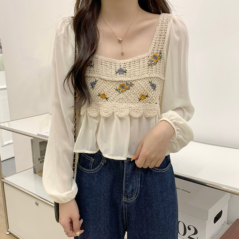 Crochet Top with Chiffon Flower Embroidery Long Sleeve Square-neck Fake Two-Piece Blouse Spring