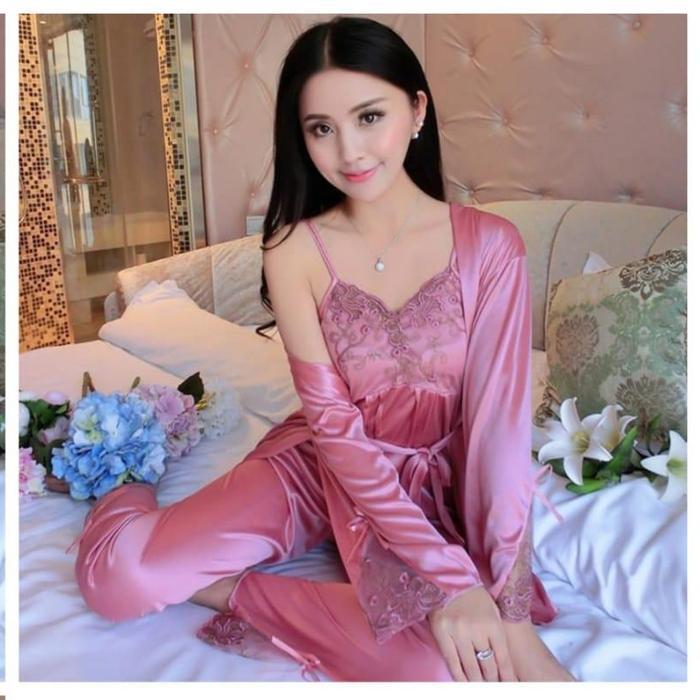 Santaibju- B505 Kimono 3 In 1 Lingerie Set Celana Panjang Import Piyama Satin Sexy Baju Tidur Wanita