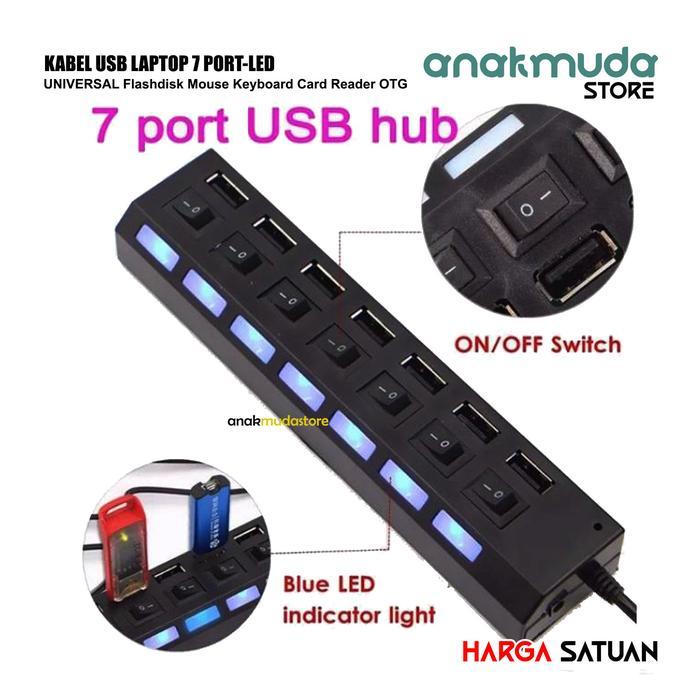 USB Laptop PC Kabel Data Hub 7 Port LED dan Saklar Colokan Flashdisk - Hitam