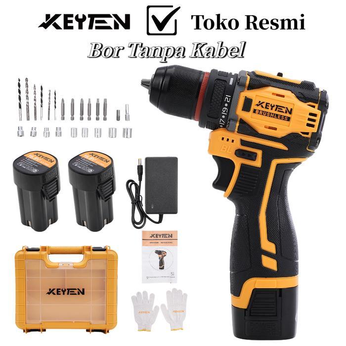 KEYTEN Bor Listrik Bor Tanpa Kabel Set Baterai Obeng Listrik Perkakas Listrik Bor Tanpa Kabel