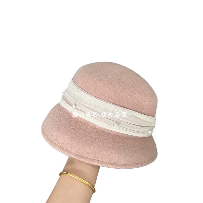 New Woolen Bucket Hat Women'S Korean Style All-Matching Elegant Temperament Bucket Hat Fashion Mesh