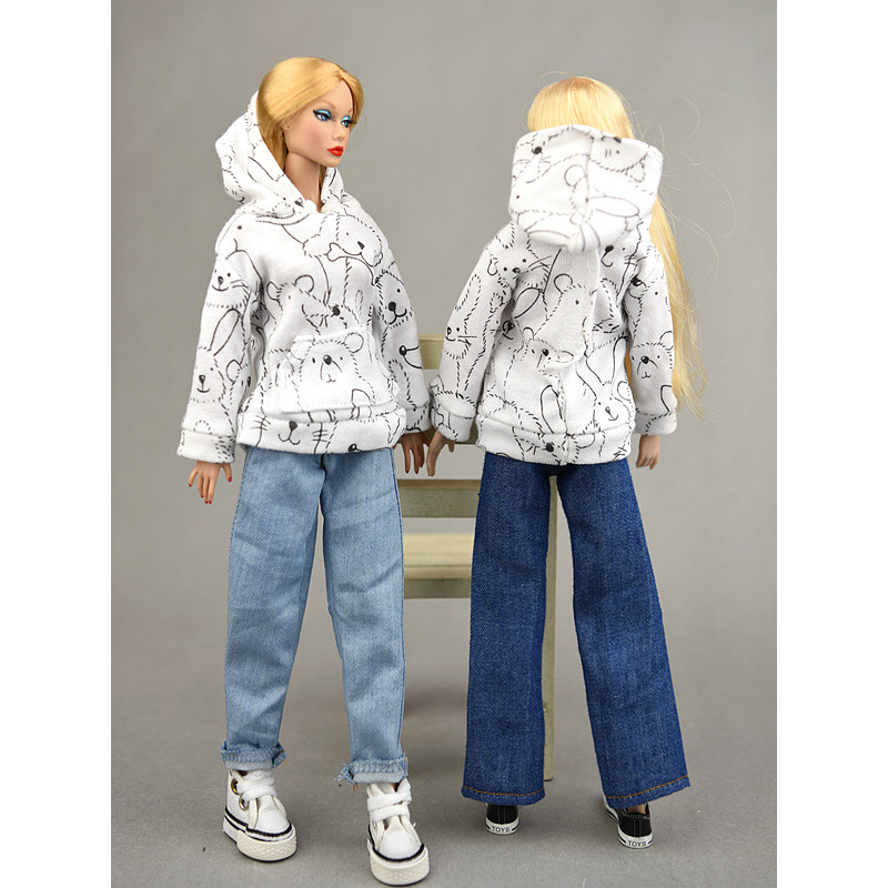 Top + Jeans Pants / Blue bell-bottomed pants and white black top clothing outfit for 30cm barbie kur