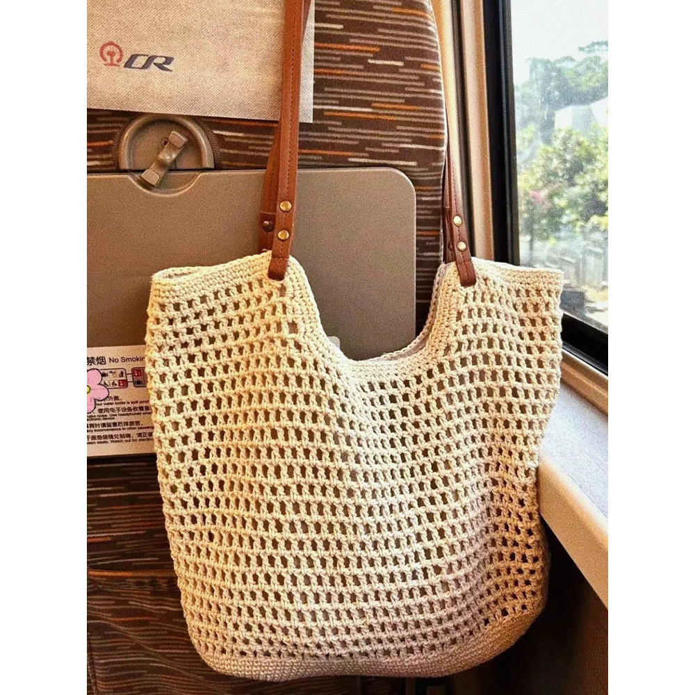 Tas Anyaman Rajut Wanita - Tas Tote Vintage Ramah Lingkungan, Tas Bahari Santai, Bahan Katun Lembut,