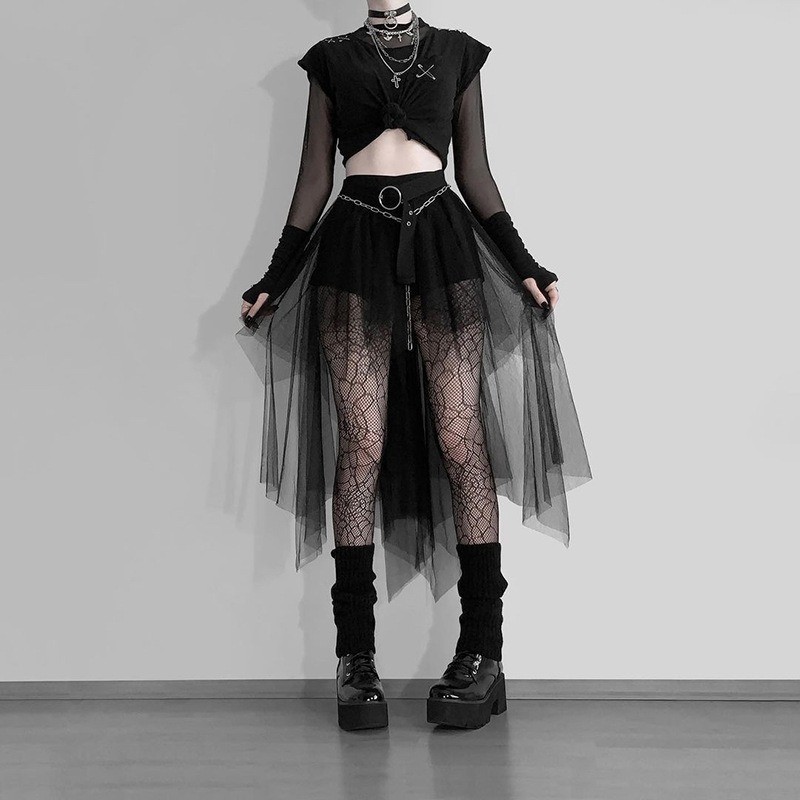 Emo High Waist Irregular Sexy Slim Skirt Harajuku Gothic Mesh Skirt Women 2024 Y2k E-girl