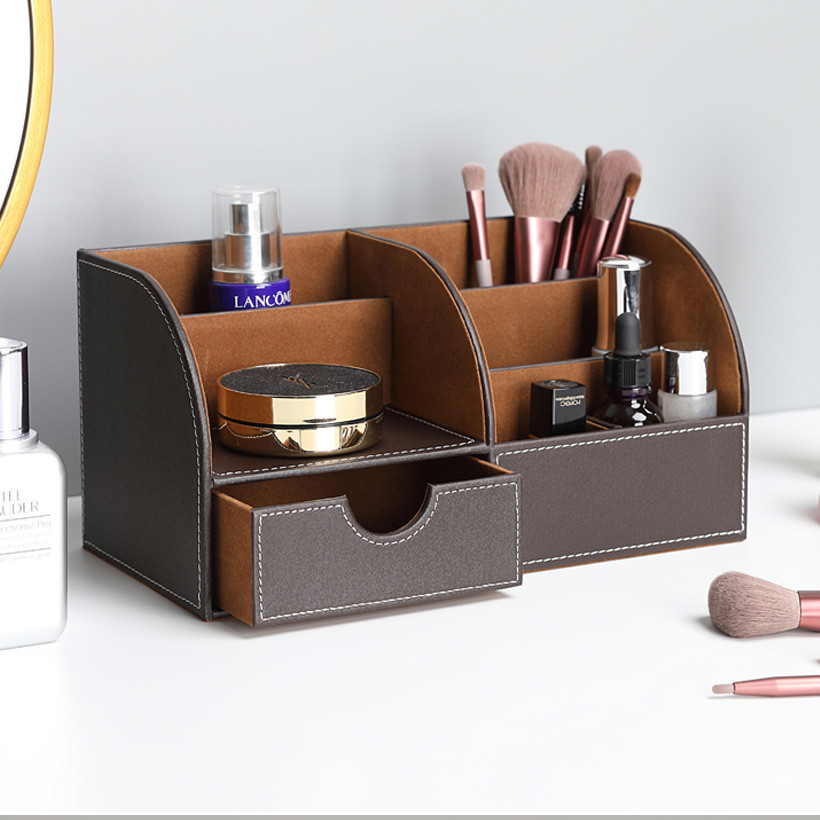 Multifunctional Wooden Leather Office Desk Stationery Pen Pencil Holder Case pen box Desktop Organiz