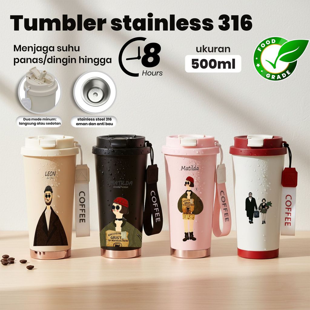 Tumbler Stainless 316 Botol Minum 500ml Kualitas Makanan Grade, Menjaga Suhu 8 Jam, Warna Beige Hita