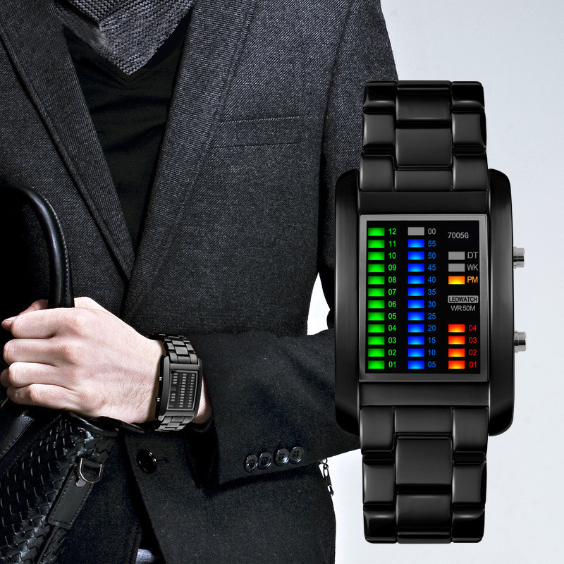 Terlaris, 2022 New Fashion Binary Led Watches Men Sports Watches Black Steel Band Multifunctional El