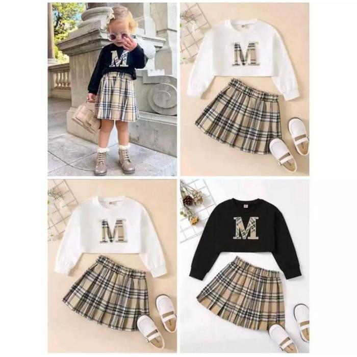 Setelan Pakaian Anak Perempuan Bahan Caton Lengan Panjang Bawahan Rok Kotak2 Motf M Usia 1-5 Tahun
