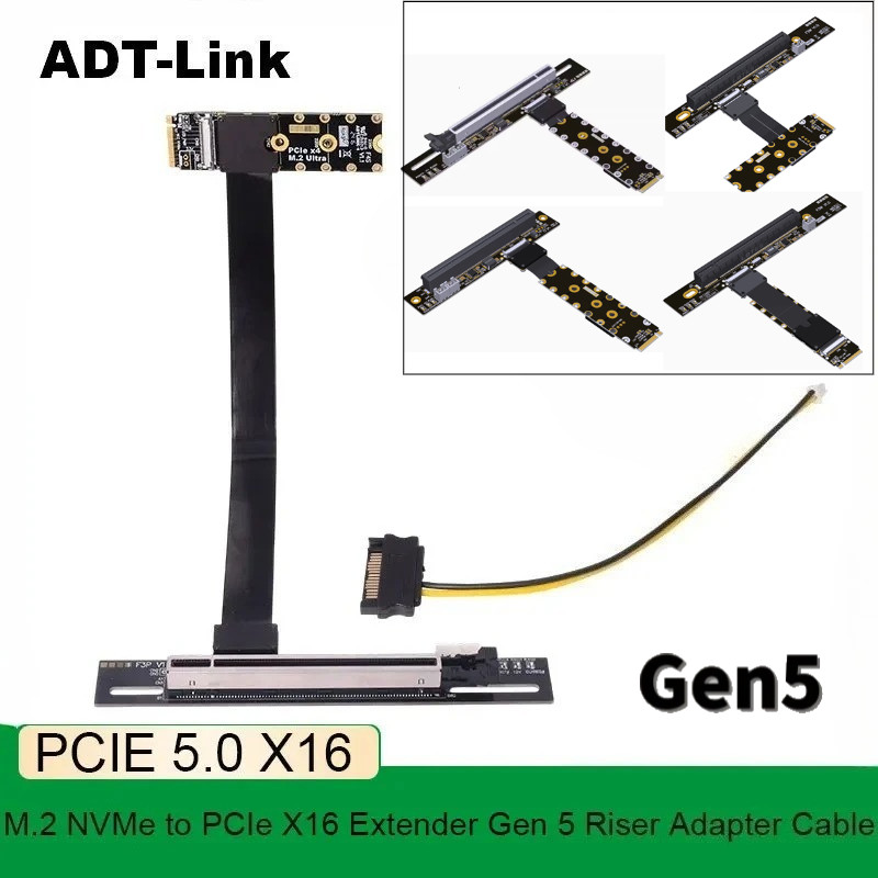 Adt-Link F43 Series Pcie 5.0 M.2 Nvme To Pcie X16 Gpu External Gen 5 Extension Cable Turn 90 Angled