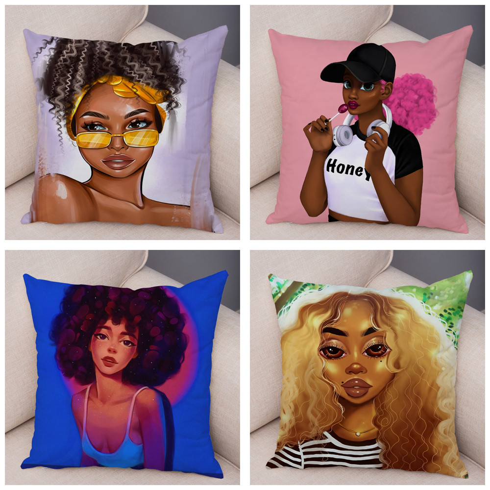 Africa Women Girl Pillow Case Decor Cartoon Beautiful Black Lady Cushion Cover for Sofa Car Home Sup