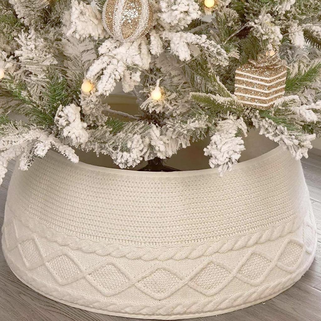 Knitted Christmas Tree Collar Cream White Rustic Farmhouse Tree Skirt Alternative Stand Base Cover