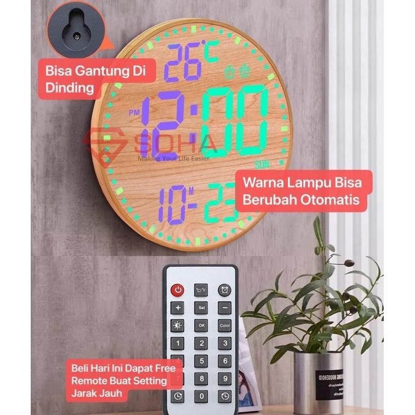 JD-16 SOHA Jam Dinding Digital Design Motif Kayu Elegan Lampu LED Besar 11 Inch Alarm Free Remote