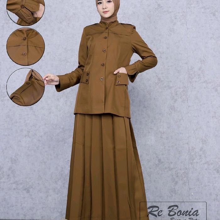 re bonia setelan rok A rempel kheki tua seragam PDH rok A rempel seragam Kerja Wanita Blazer