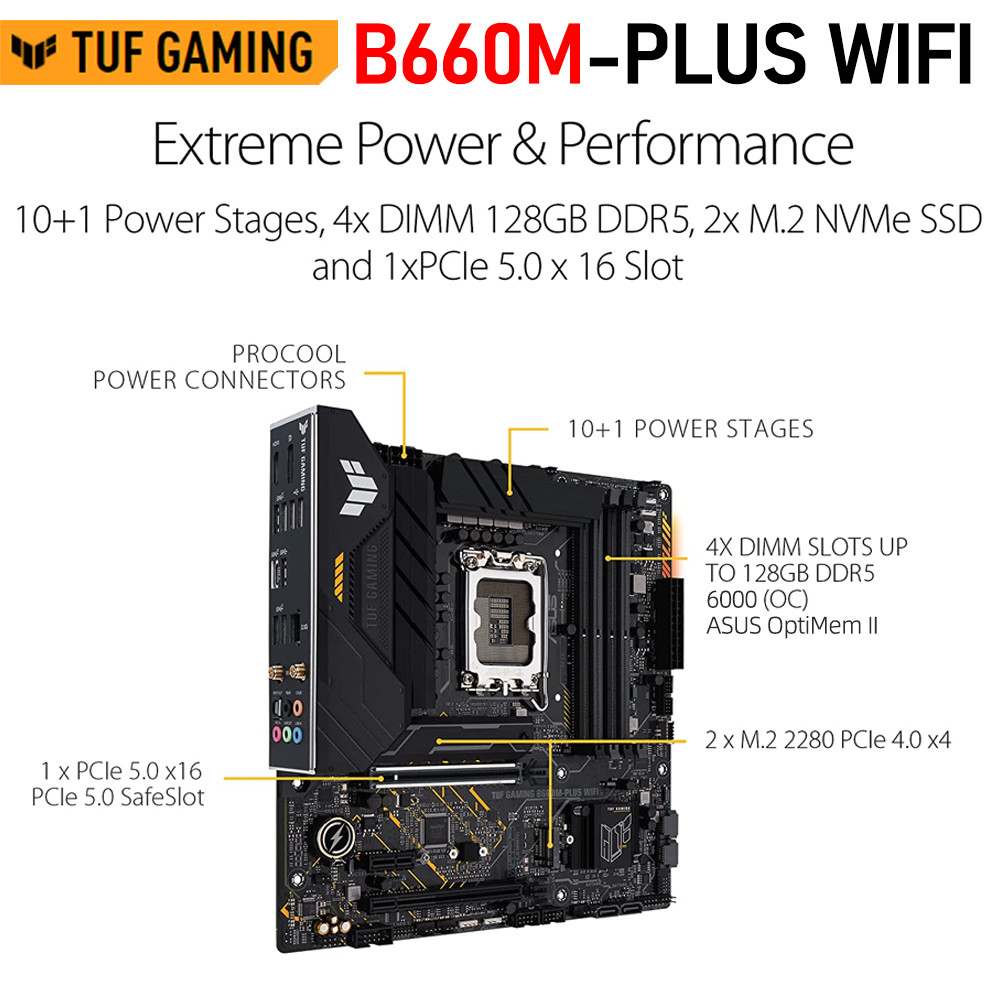 LGA 1700 Asus TUF GAMING B660M-PLUS WIFI Motherboard DDR5 Overclocking 6000MHz 128G Intel i5 i7 i9 C