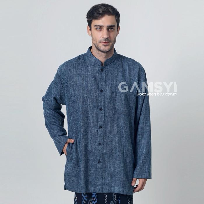BAJU KOKO LINEN POLOS HABAIB KERAH SAMGHAI/ KOKO GAMSYI LENGAN PANJANG PUTIH MUSLIM PRIA CASUAL