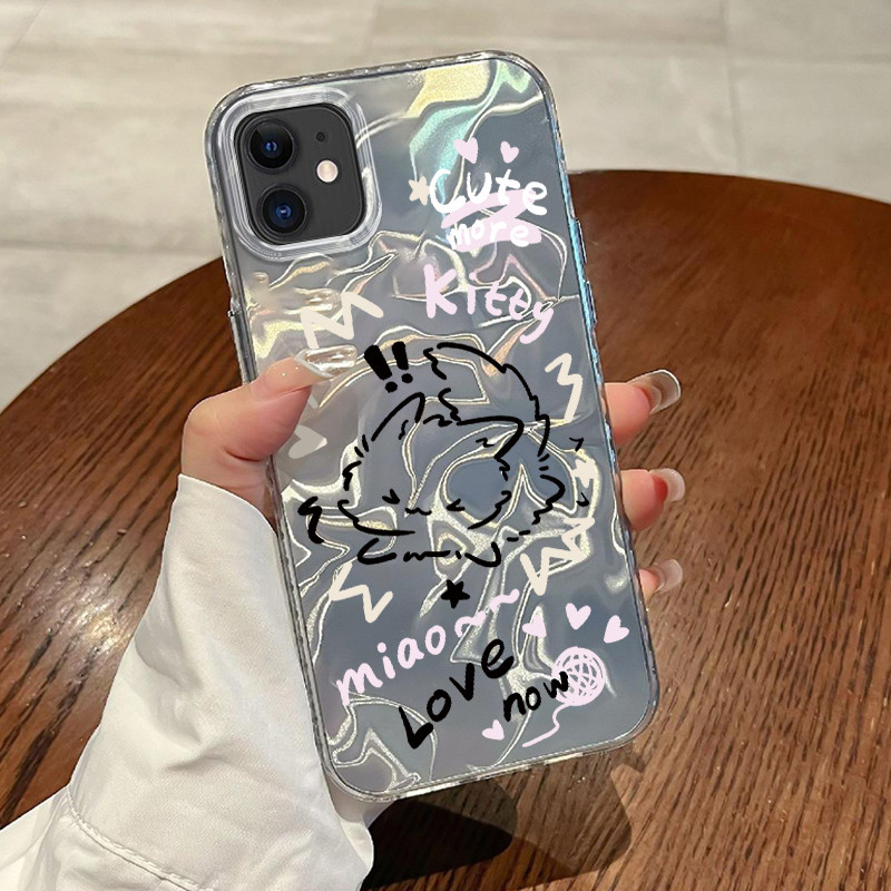 Casing Hp Untuk iPhone 11 Pro Max 12 Pro Max 13 14 15 Case Kucing coretan garis Laser Kesing Busa Te
