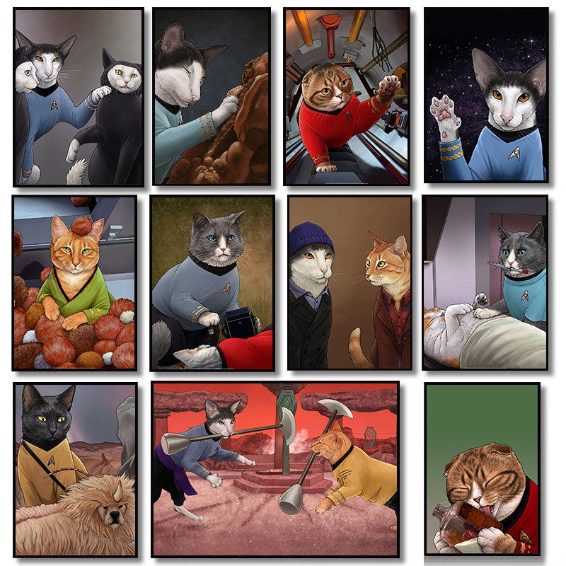 Funny Star Trek Cats Poster Canvas Painting Animal Morden Aesthetic Wall Art Picture Wall Decor for