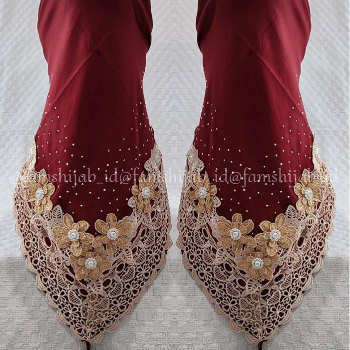 3P9U9- Hijab Segi Empat Renda Payet / Kerudung Segi Empat Renda Cantik Voal Muslim