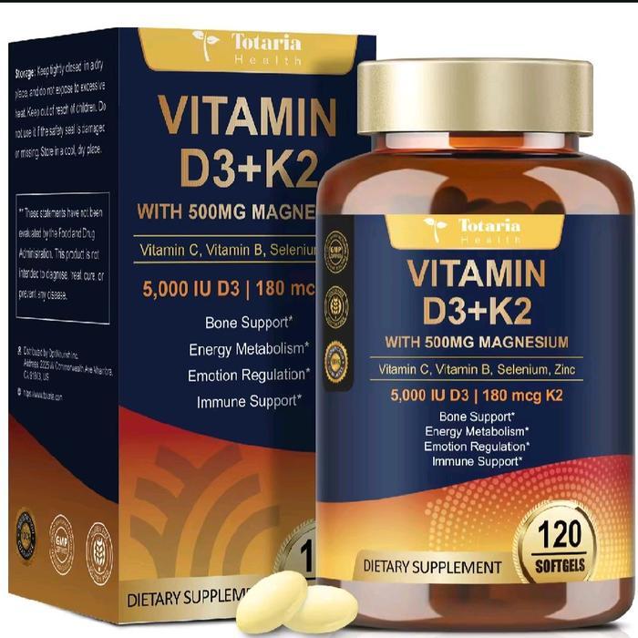 Supplement D3+K2 Health Vitamin D3 K2 5000 IU dengan Magnesium Glisinat 500 mg untuk Kesehatan