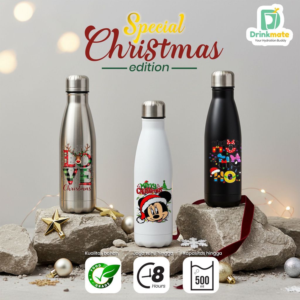 Botol Air Stainless Steel 304 Edisi Spesial Natal Kapasitas 500ml Desain Unik Dengan Grafik Rusa Mer