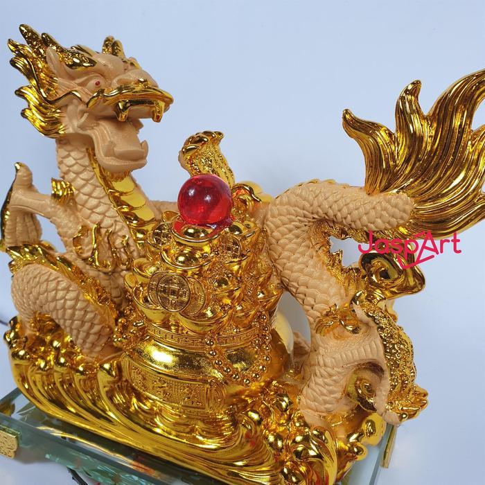 Terbaru PATUNG IMLEK SHIO NAGA 2024 UANG EMAS GOLD RESIN KACA PATUNG NAGA PAJANGAN IMLEK