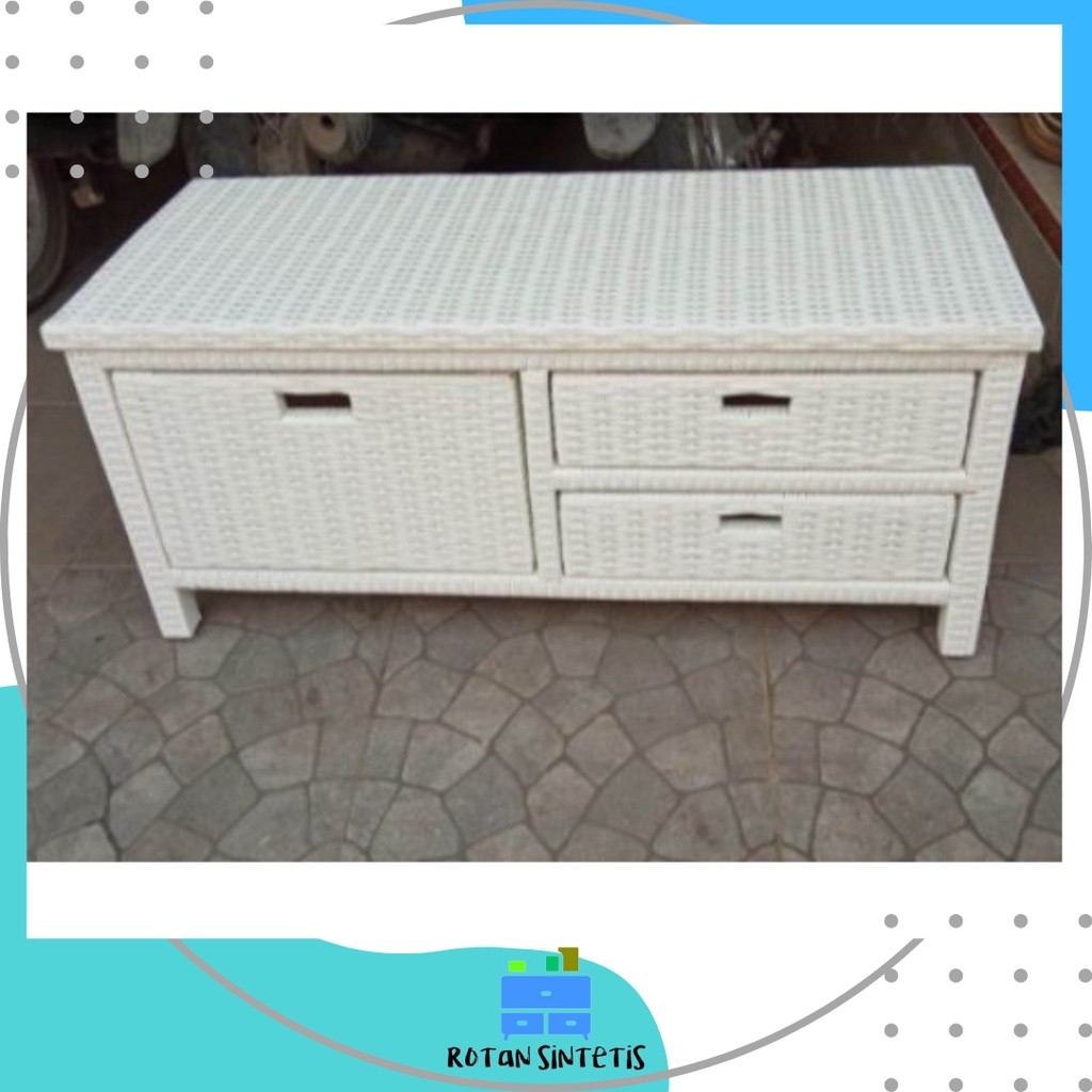 Meja TV Laci Susun 3 Minimalis Rak Serbaguna Rotan Sintetis