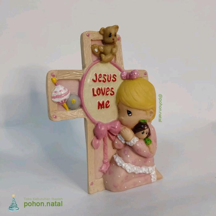 Salib Meja Duduk Resin Jesus Loves Me Kado Hadiah Gift Pajangan Kristen Original