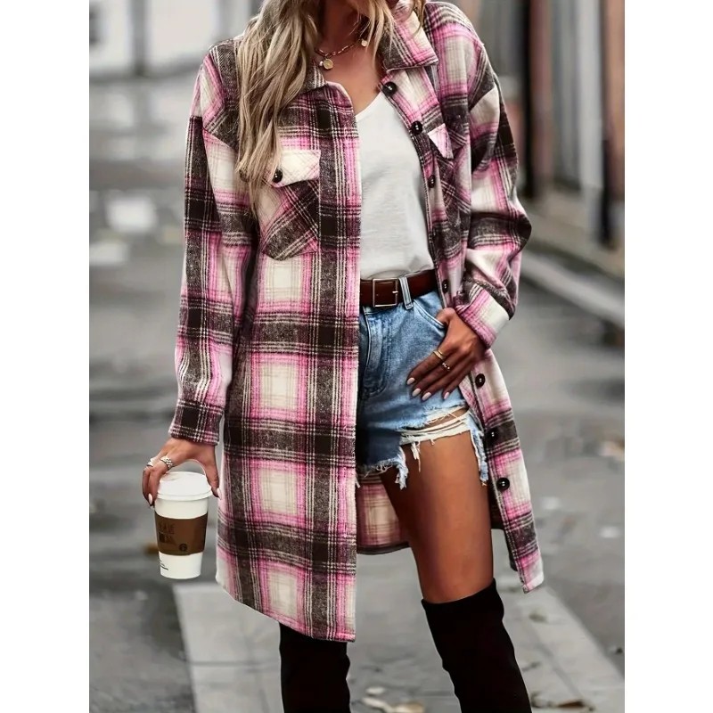 Plus Size Women Casual Plaid Coats Windbreaker Long Coat Long Sleeve Button Shirt Jacket Fashion