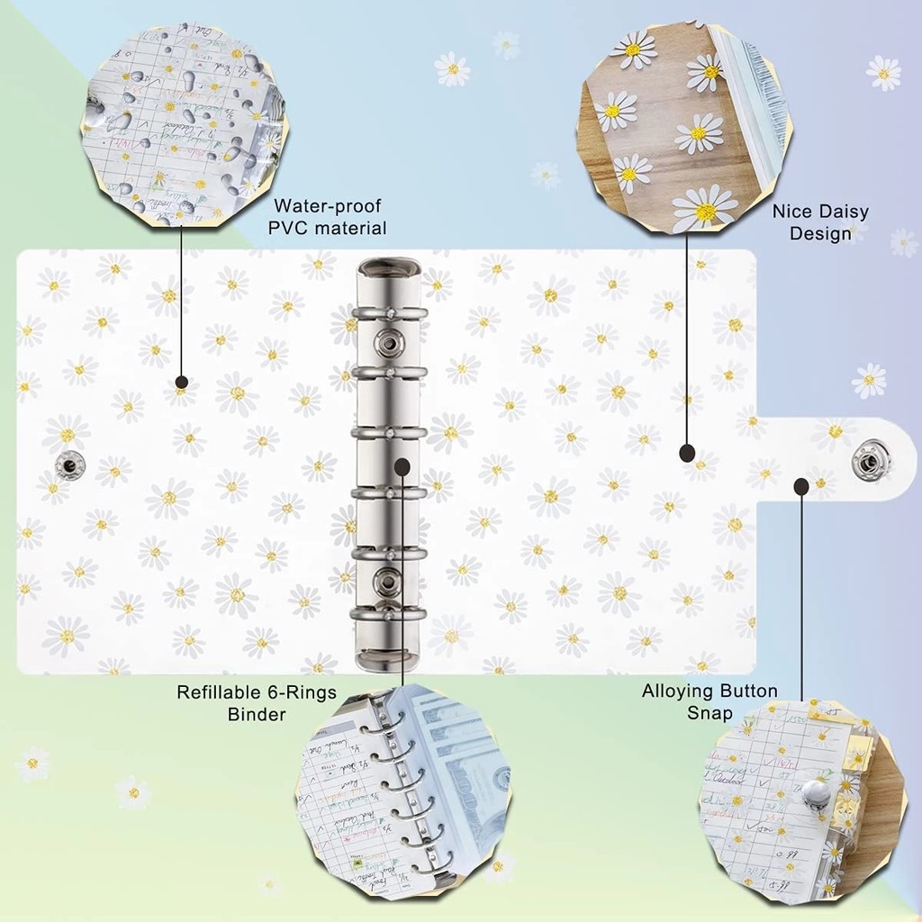 A7 Clear Daisy Binder Notebook Budget Cash Envelopes Planner Organizer with Binder Pockets ,Ruler, R