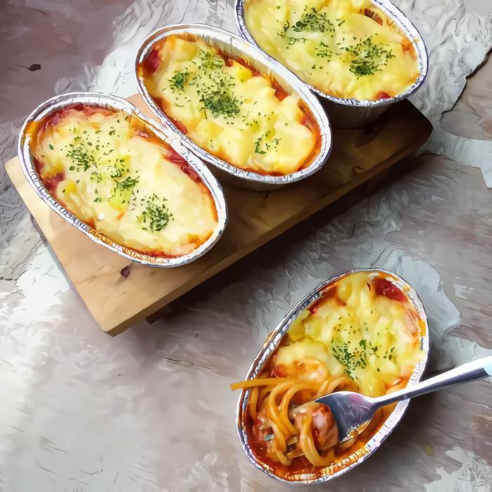 Aluminium Foil Cup Ox 1225 Ukuran Kecil 200 Ml + Tutup Tray Untuk Wadah Mie Spageti Brulee