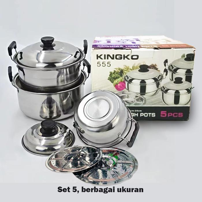 Kayak Outdoor - FOREVER - Panci set kingko 555 Peralatan Masak Stainless Steel Isi 5 Set + Steamer