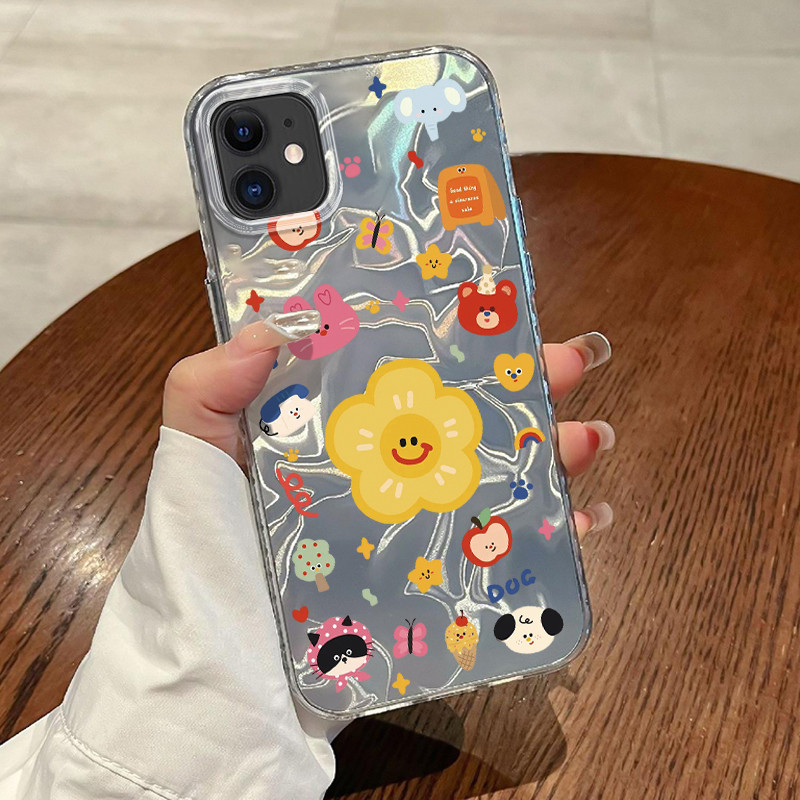 Casing Hp Untuk iPhone 11 Pro Max 12 Pro Max 13 14 15 Case Cartoon Smile Graffiti Laser Kesing Busa 
