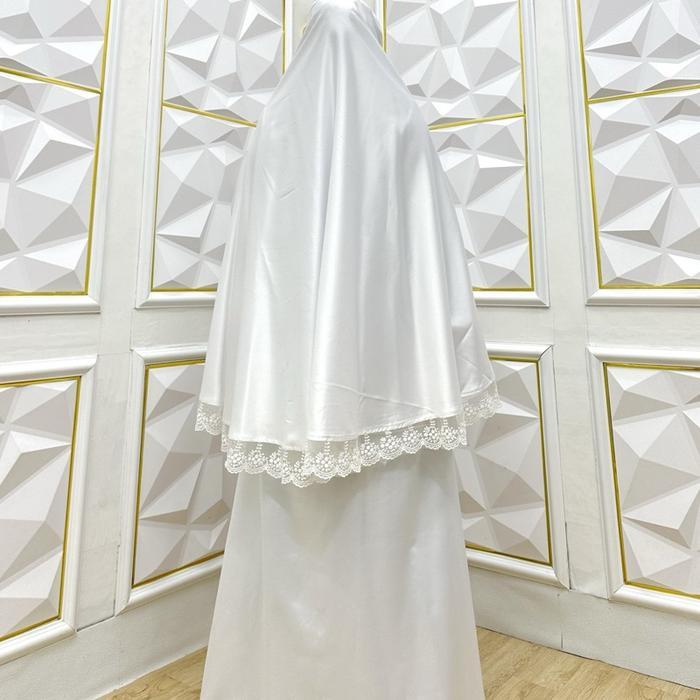 1 Set Dress Gamis Syari + Jilbab Silk Polos Bunga Putih Baju Muslim Wanita Terbaru Adem Kekinian