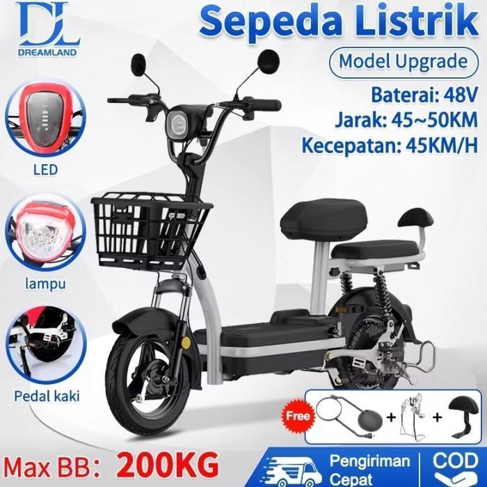 DL sepeda listrik dewasa Sepeda Motor Listrik 48v 12ah sepeda listrik Dengan Pedal - PINK 50 Km -