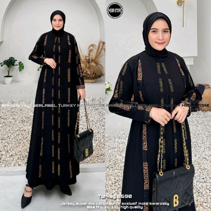 [Potongan Harga] GAMIS ABAYA TURKEY AULIA BORDIR HITAM KOMBINASI