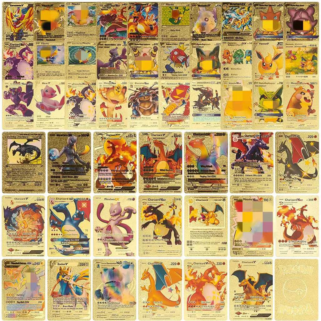 5-55PCS Carte Pokemon Francaise Spanish English Pokemon Card Foil Gold silve  Cards Metalicas Chariz