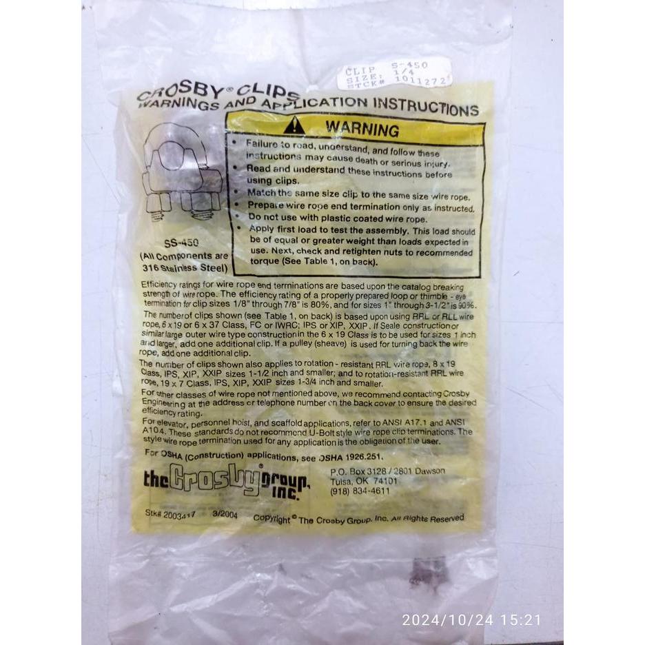 Crosby SS450, Wire Clip 1/4" SS316