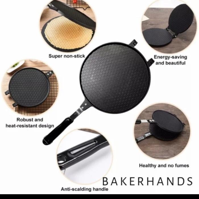 Cetakan Kue Semprong Hitam Bulat Motif Bentuk Datar Gagang Anti Panas Awet Kuat Murah Tebal Diameter