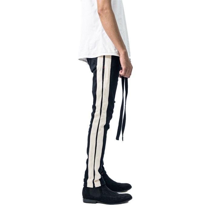 hez3- M1 Mid Distressed - Black Dual Stripes - Celana Jeans