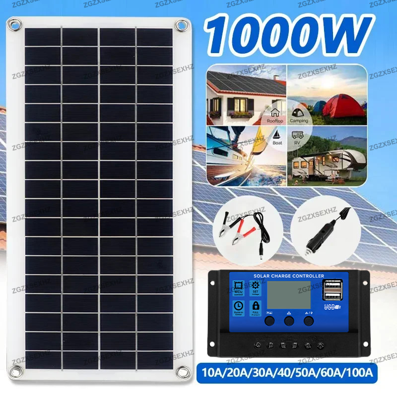 200W Solar Panel Kit, Portable Monocrystalline Solar Charger with Controller for Power Bank, Home,